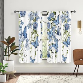 Famiffty Blue Butterfly Flower Kitchen Curtains 42W X 63L Inch 2 Panels Rod Pocket Small Short Cafe Tier Curtains Window Drapes Treatment Home Decor