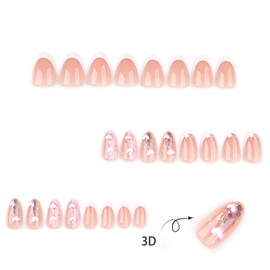 3D White Heart Press on Nails Medium Fake Nails Almond Shape Glue on Nails White French Tip Stick on Nails Full Cover Artificial Nails Medium French False Nails for Women DIY Finger Manicure 24Pcs