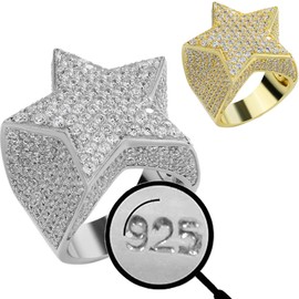 Solid 925 Sterling Silver - Large Men's Hip Hop Star Ring - Iced Flooded Out CZ Pinky Ring - Natural Silver Or 14k Gold Plated - Sz 6-13, Adjustable, Metal, Cubic Zirconia