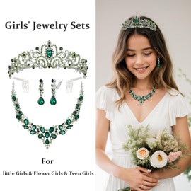 BriLove Bridal Jewellery Set for Wedding Flower Maid, Crystal Teardrop Cluster Statement Necklace Clip-on Earrings Princess Tiara Crown Headbands Comb for Birthday Party Emerald Color Silver-Tone