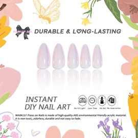 Light Pink Chrome Press on Nails Medium Almond, MABKJLF Mirror Metal Stiletto Fake Nails Acrylic Nails with Bling Design, Fall Winter Glue on Nails for Daily Party Wear, False Nails Press ons in24 PCS