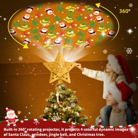 Ubrvhrt Star Christmas Tree Topper Lighted with Built-in Rotating LED Projector, Gold Glitter Starburst Tree Top Projection of 4 Dynamic Images for Christmas Tree Home Office Party Decor Ornament