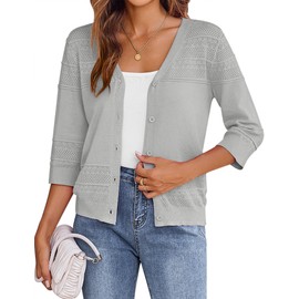 Zeagoo Women's 3/4 Sleeve Cropped Cardigan 2025 Summer Lightweight Crochet Shrug Button Down Knit Sweater Cardigans Grey