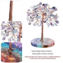 Nupuyai Handmade Natural Healing Quartz Crystal Tree with Round Chakra Stones Resin Base, Copper Wire Crystal Bonsai Money Tree Decor for Lucky/Feng Shui, Colored Fluorite