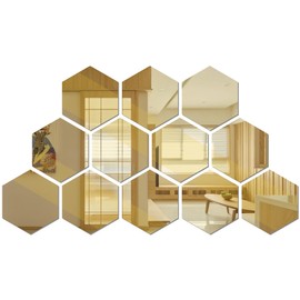 DaLianLian 12 PCS Hexagon Mirror Stickers for Wall Decor DIY Acrylic Self-Adhesive Aesthetic Decals Wall Art Mirror Tiles for Home Living Room Bedroom Background Decoration (Gold)