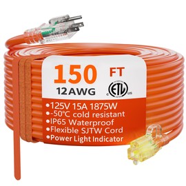 HUANCHAIN 150 ft Outdoor Extension Cord Waterproof 12/3 Gauge Heavy Duty with Lighted end, Flexible Cold-Resistant 3 Prong Electric Cord Outside, 15Amp 1875W 12AWG SJTW, Orange, ETL