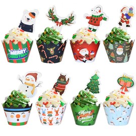 48 Pcs Christmas Cupcake Toppers and Wrappers, Christmas Party Decorations Christmas Cupcake Topper Wrappers Santa Claus Snowman