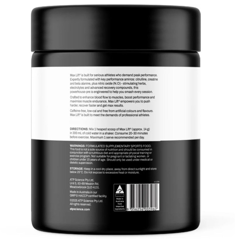 ATP Science Max Lift Non-Stim Performance Pre-Workout 40 Serves Blue