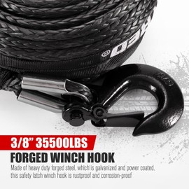 FIERYRED Synthetic Winch Rope Cable Kit 3/8inch 100FT 26500lbs Winch Line Replacement with Forged Hook Protective Sleeve for 4WD Off-Road Vehicle SUV, Black