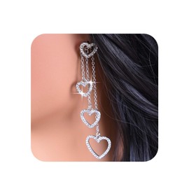 Aneneiceera Vintage Crystal Heart Ear Jacket Earrings CZ Heart Chain Tassel Earrings Rhinestone Heart Drop Earrings Long Hollow Heart Earrings Jewellery for Women and Girls (Gold), Zinc