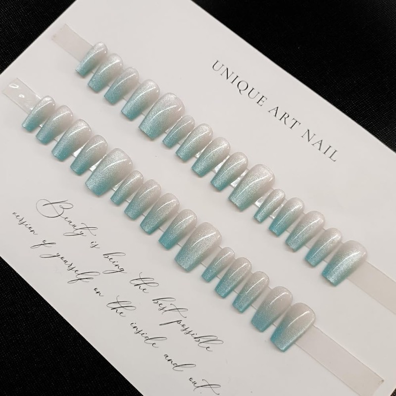 Dikixe Sky Blue Shimmer Cat Eye Medium Coffin Press On