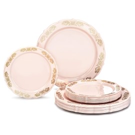 " OCCASIONS " 240 Plates Pack,(120 Guests) Vintage Wedding Party Disposable Plastic Plates Set-120x10.25'' Dinner +120x7.5'' Salad/Dessert Plate (Portofino Light Pink/Blush & Gold)