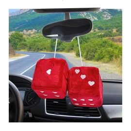 Dickno 2 PCS Fuzzy Plush Dice for Car Mirror, 3" Soft Retro Square Heart-Shape Rearview Mirror Ornament, Universal Interior Hanging Dice Decor Accessories for Women (Red)