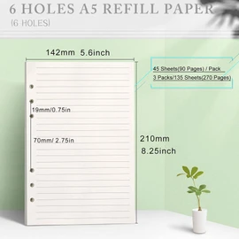 Papel para Recargas A5 -Paquete de 2, 180 Páginas / 90 Hojas Papel Forrado con Insertos A5, Relleno de Papel Perforado con Hojas Sueltas de 6 Orificios (párrafo horizontal)