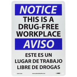 NMC ESN376AB Bilingual OSHA Sign, Legend "NOTICE - THIS IS A DRUG-FREE WORKPLACE", 14" Length x 10" Height, 0.040 Aluminum, Black/Blue on White