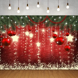 Whaline Christmas Backdrop for Photography Red Green Holiday Party Photo Background Shiny Star Hanging Ball Patterned Banner for Family Photo Booth Prop Wall Decoration Supplies, 6 x 4Ft