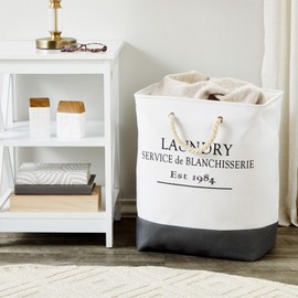 Okuna Outpost Canvas French Laundry Hamper - White and Gray Square Canvas Laundry Basket with Handles for Bathroom and Bedroom - Dry Cleaning Basket for Clothes, 60L (12 x 16 x 19.2 Inches)