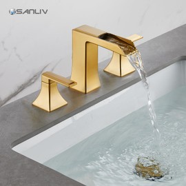 Brushed Gold Waterfall Bathroom Faucet, Sanliv 2-Handle Widespread Bathroom Faucet for 3-Hole Sinks 4-8 inch, Modern Vanity Faucets with Pop Up Drain, Champagne Bronze