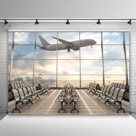 TERSUM Durable Soft Fabric Airport Terminal Backdrop, 7x5ft Airplane Departure Airport Lounge Background Take Off for Room Decoration Birthday Party Supplies Baby Shower Photo Booth Props