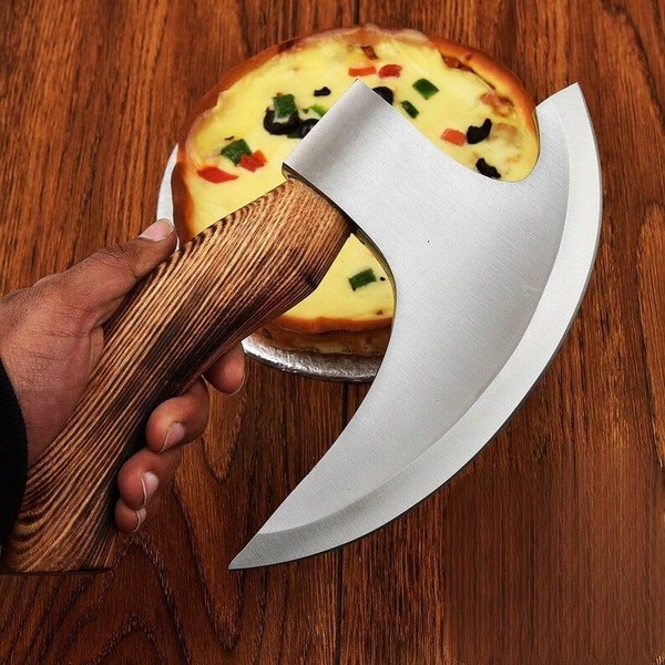 Nescole Handmade Viking Pizza Cutter Pizza Axe Authentic Medieval, Pizza Slicer Axe with Ash Wooden Handle & Leather Sheath， Novelty Kitchen Tools for Pizza