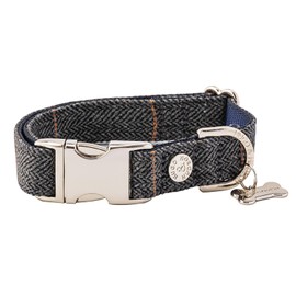 HUGO & HUDSON Tweed Dog Collar Quick Release Safety Metal Buckle, Grey Checked Herringbone, XS