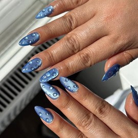 24Pcs 3D Press on Nails Medium Almond Fake Nails Glossy Blue Glue on Nails Cute False Nail Tips with Water Drop Designs Almond Shape Acrylic Press ons Full Cover Artificial Stick on Nails for Women