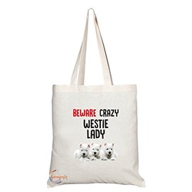 TB203 Beware Crazy Westie Lady Novelty Present Gift Printed Eco-Friendly Stylish Long Handled Tote Shoulder Bag