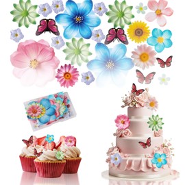 Hoauzqi Edible Flowers Cake Decorations - Edible Flower Butterflies Cake Topper Set of 55PCs, Wafer Paper Flower Cupcake Toppers for Wedding Birthday Party Cake Decorating (Mixed Size & Colour)