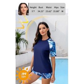 Halcurt Women's Rash Guard Set Padded 2 Piece Swimsuit with Boyleg Shorts Navy L