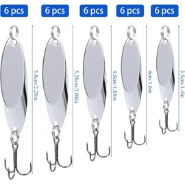 FREGITO 30pcs Fishing Spoons, Trout & Bass Lures - Hard Metal Spinner Baits for Salmon, Bass & Trout (Silver-A)