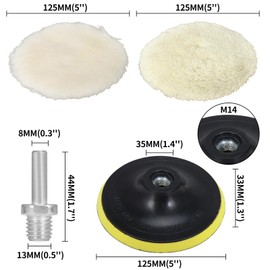 Baisiky 5 Inch Buffing Wool Pads 8PCS Kits,Polishing Pad Buffing Wheel for Drill Woolen Wax Pad and Hook & Loop Backing Plate with M14 Drill Adapter for Car & Boat Polishing, Waxing, Sealing, Glaze