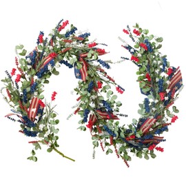 Bibelot 4th of July Front Door Garland Wreath -5.9Ft Patriotic Garland with Red, White & Blue Flowers and Leaves for Arch Wall Table Party - Memorial Day, Independence Day Indoor & Outdoor Decor