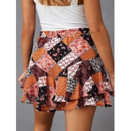 Flowy Shorts for Women Casual Cute Floral Skorts Chiffon Ruffle Tennis Mini Skirts Butterfly Summer Boho Shorts - Brown Orange Flower L