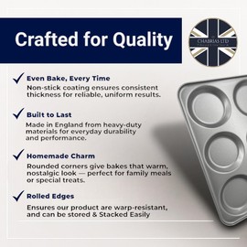 Chabrias Ltd 6 Cup Large 36cm Yorkshire Pudding Tray, Non-Stick Baking Tin for Traditional Roasts, Heavy Duty, Easy Clean, Oven Safe, Made in England, Ideal for Crispy and Even Bakes