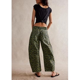Cropped Pants for Women Cheetah Leopard Barrel Pants Mid Rise Y2k Boyfriend Vintage Wide Leg Baggy Denim Trousers with Pockets