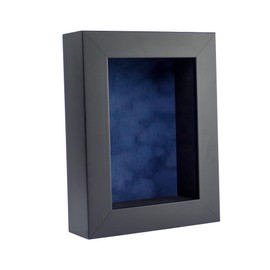 5x7 Shadow Box Frame Black Wood with a 1 3/4" Usable Display Depth Includes a Navy Blue Suede Acid-Free Backing Board, UV Resistant Acrylic, and Hanging Hardware