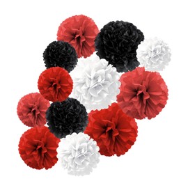 12 PCS Paper Pom Poms, Tissue Paper Pom Poms Flower Balls Birthday Baby Shower Wedding Festival Red White and Black Party Celling Wall Hanging Decorations