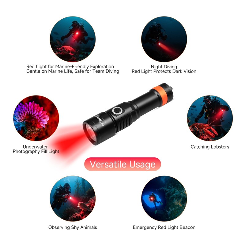 ORCATORCH D530 Red LED Dive Light Scuba Flashlight, 210 Lumens,
