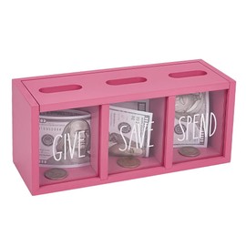 UNICRAFTALE Wooden 3-Slot Money Organizer Spend Save Give Piggy Bank Pink Wall Mounted Cash Storage Box 24.9x8.8x10.9cm for Bedroom Living Room Countertop