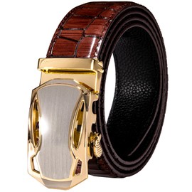 Barry.Wang Mens Formal Belt Fashion Buckle Genuine Leather Ratchet Automatic Belt Luxury Gift, Burgundy Gold Fashion, Leather belt size 43" (110cm)