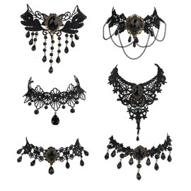 Uintoon 6PCS Black Gothic Lace Choker Necklace Set for Women Adjustable Lace Collar Black Necklace Goth Jewelry Halloween Cosplay