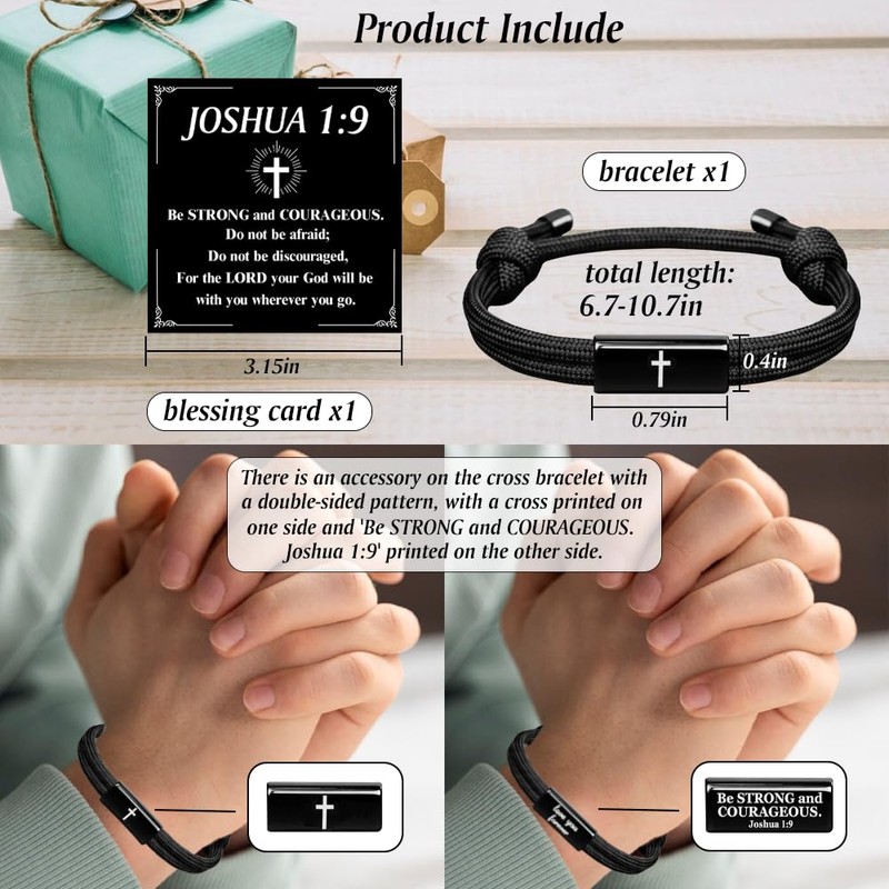 Bible Verse Adjustable Rope Cross Bracelet, Christian Catholic Valentine Easter