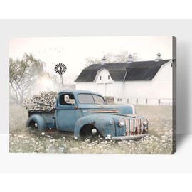 Farmhouse Old Truck Canvas Wall Art, Old Barn Pictures Wall Art, Country Vintage Pickup Truck Canvas Prints, Blue Truck With White Petunias Art Prints for Country Farmhouse Decor 24x36 Inches