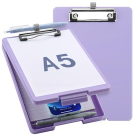 Meiikun Small Clipboard with Storage, A5 Plastic Clipboard with pen holder, Memo Clipboards with Low Profile Clip, Mini Clip Boards Half Letter Paper Folder for Nurses Teachers Students (Light Purple)