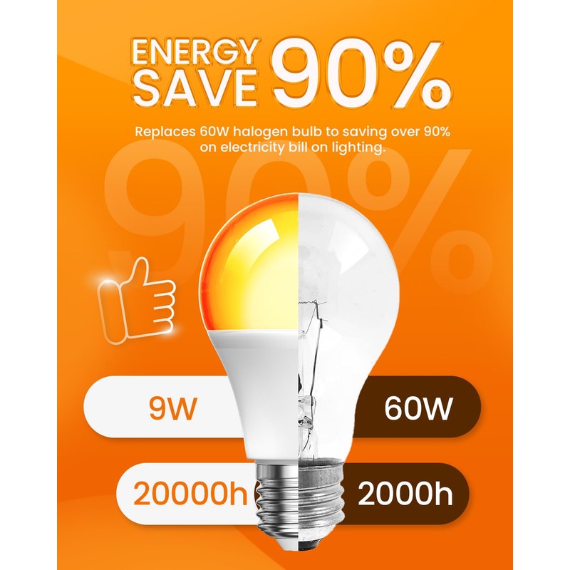 Bonlux Amber Light Bulbs 2000K, A19 9W E26 LED Yellow