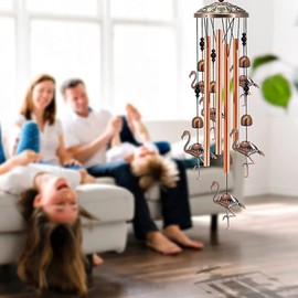 koonafy Wind Chime for Outdoor Use, Large, Retro Wind Chime for Garden, Patio Decor, Wind Chime Metal Hanging Decoration, with 4 Hollow Aluminium Tubes, 6 Rotating Pendants, S-Hooks (Flamingo)