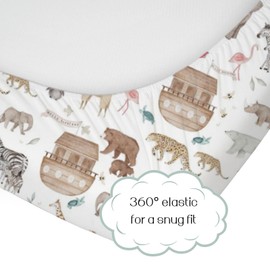 HawSkgFub Noah’s Ark Animal Boat Religious Fitted Standard Crib Sheet for Baby Boy Girl, Elephant Bear Giraffe Rhino Toddler Mattress Cover, Soft Stretchy Nursery Bed Sheets Decor Kids Gift 52" x 28"