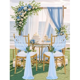 QueenDream Light Blue Chair Sashes Wedding Aisle Decorations: 16 Packs 8ft Long Draping Fabric Sheer Church Chair Cover Bulk for Baby Shower Party Banquet