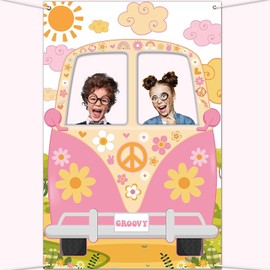 U-Vathing Hippie Bus Photo Prop Groovy Party Decorations, Fabric Two Groovy Van Prop Hippie Selfie Frame Backdrop, Background Banner Boho Party Decor Girl Daisy Party Decor 60's 70's Party Favors (A)