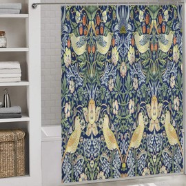 William Morris - Cortina de ducha con diseño original, diseño clásico, diseño de pájaros y fresas, diseño clásico, cortinas de ducha con estampado de ladrones de fresa, poliéster impermeable